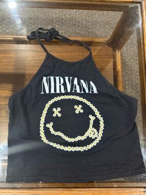 NIRVANA Black Smiley Logo Halter Crop Top